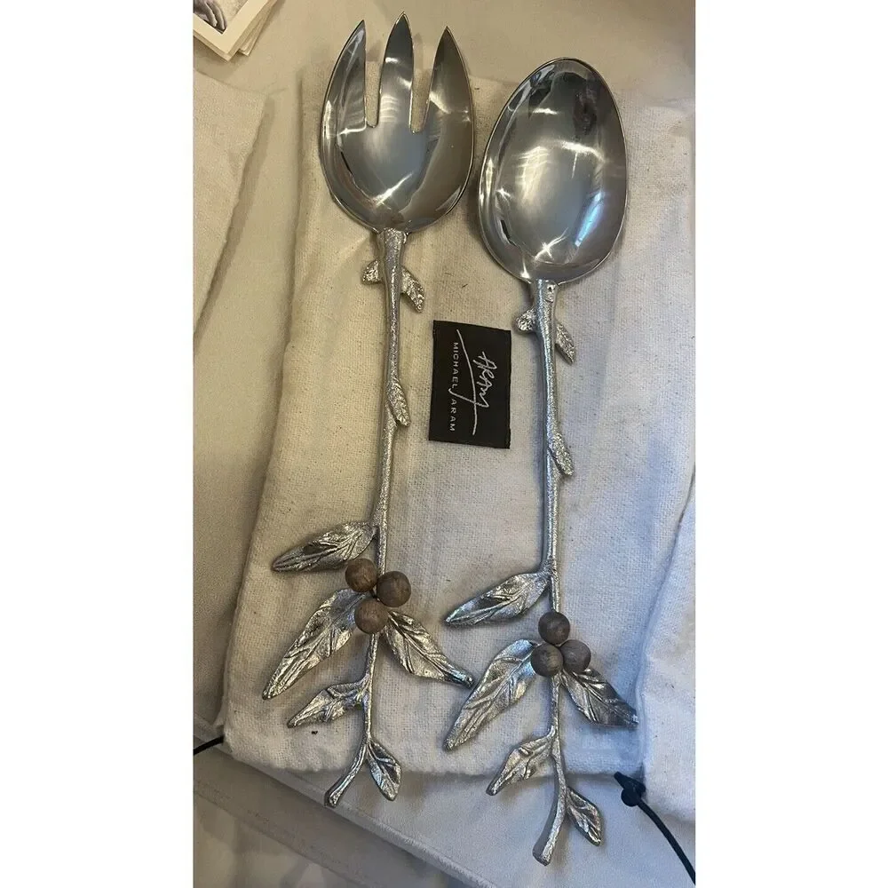Fitz & Floyd Woodgrove Silver Tone Salad Serving Set Fork & Spoon Twigs